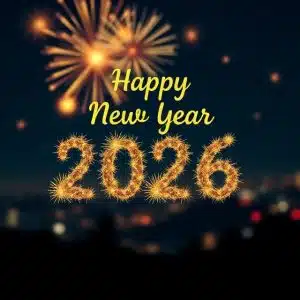 Happy new year 2026 in gold in the front; night sky as background and some lights of the city as well as some firework